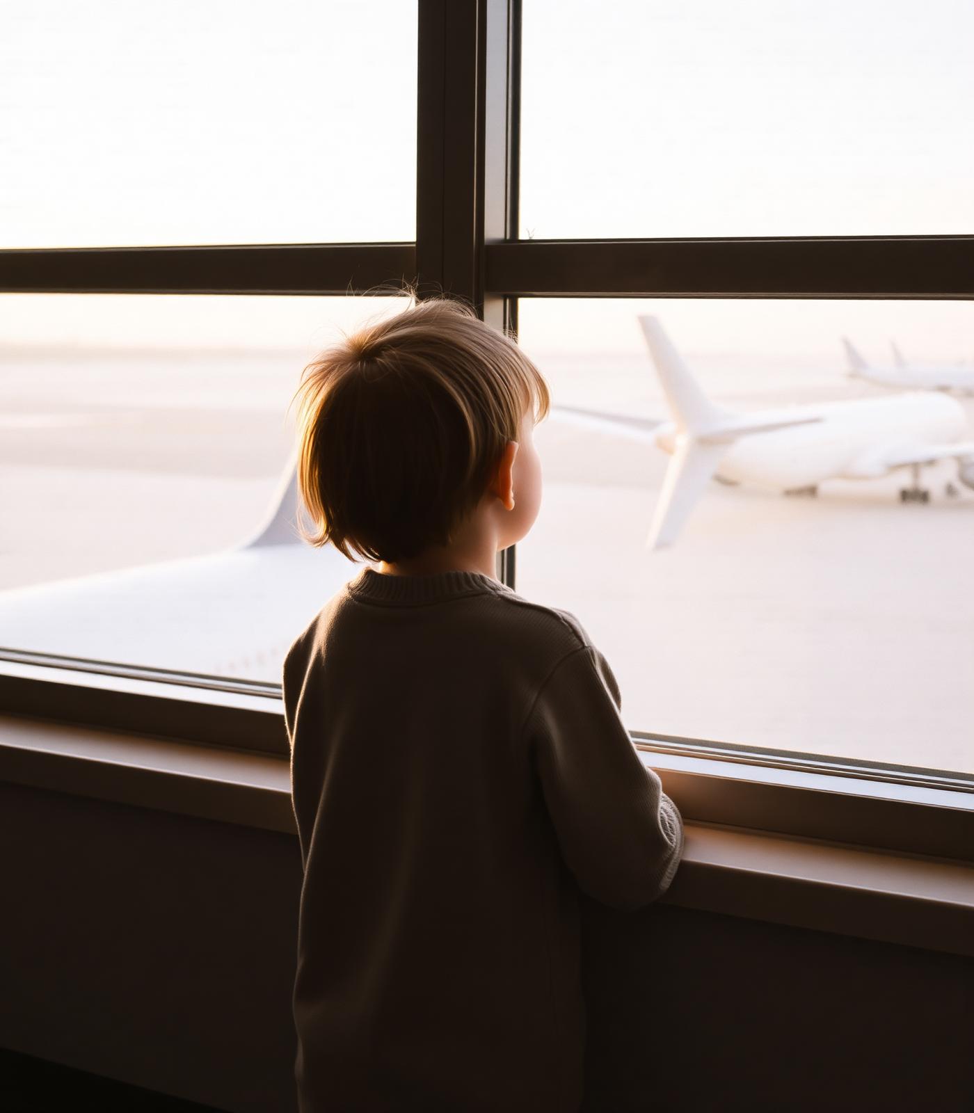 A young child watches a plane at sunrise from an airport window